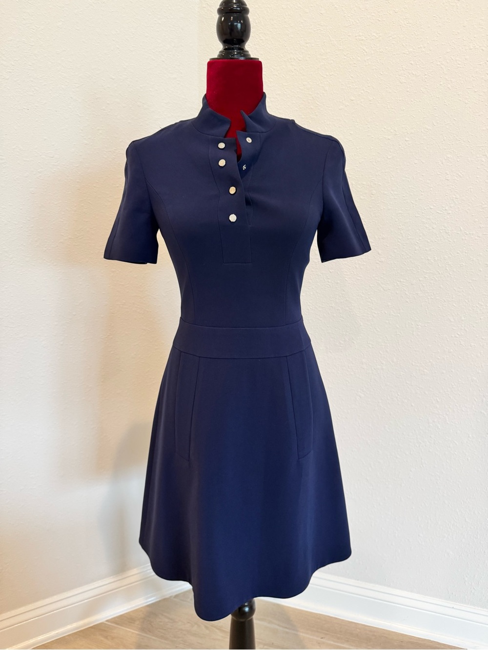 Karen Millen Navy Fit-and-Flare Short Sleeve Dress with Silver Contrast Buttons